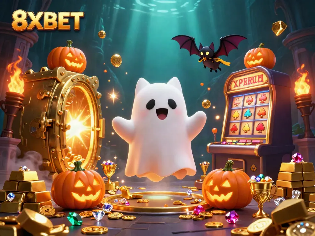 Engage with 8XBET as a playful ghost cat and bat explore a vibrant haunted casino