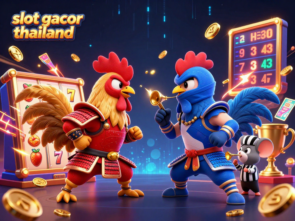 Experience the excitement of slot gacor thailand with animated roosters and dynamic casino elements.