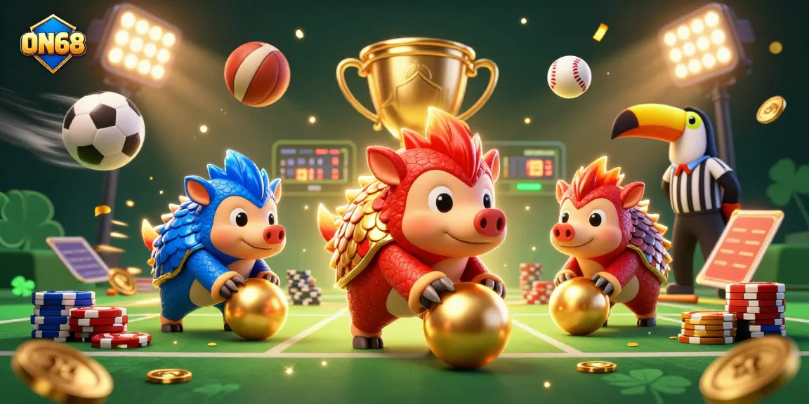 Engage in thrilling ON68 casino games with rival pangolins competing amidst golden scales and poker chips.