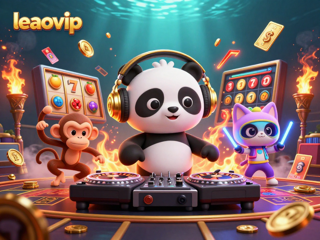 Experience exciting games at leaovip with a lively 3D casino scene featuring colorful slot reels.