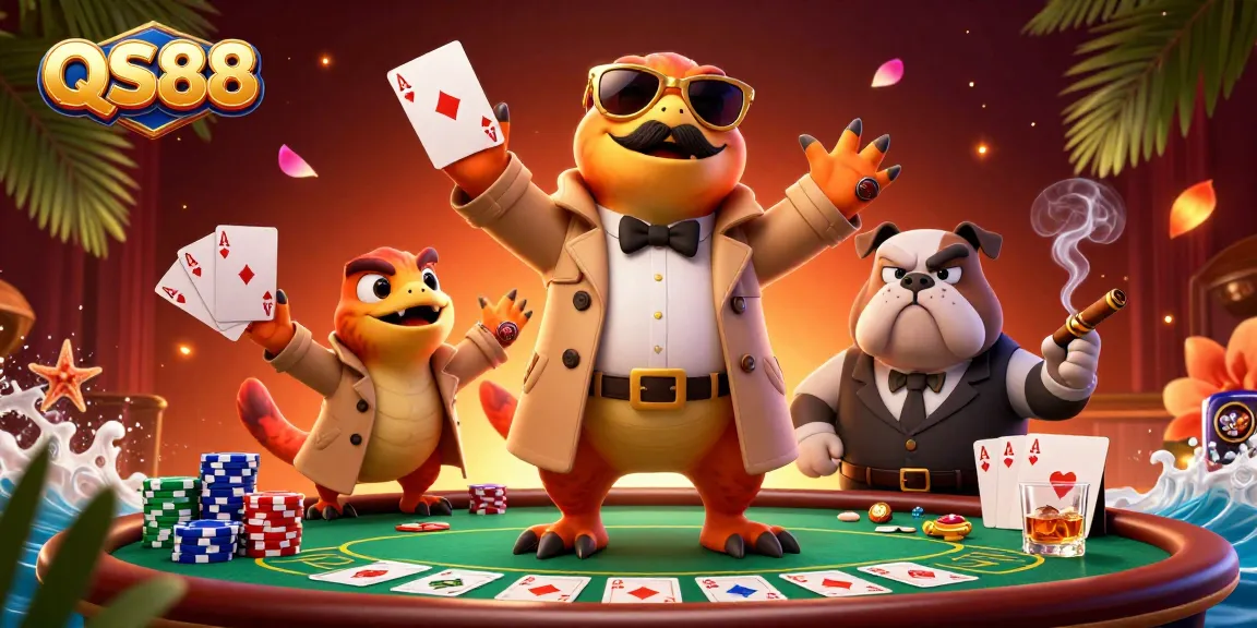 Engage in thrilling poker at QS88 with raptors in a trench coat entering a casino.