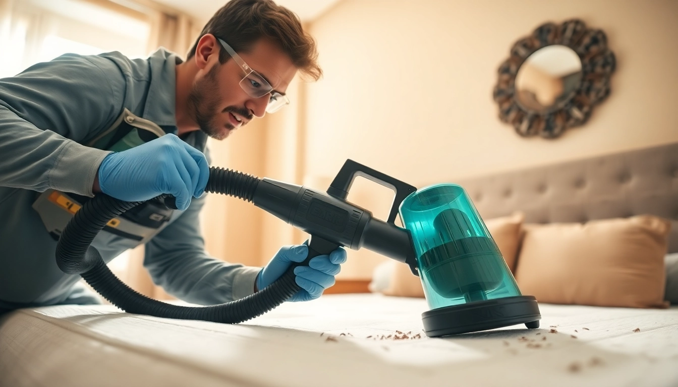 Bed bug pest control technician efficiently removing bed bugs with a vacuum in a residential bedroom.