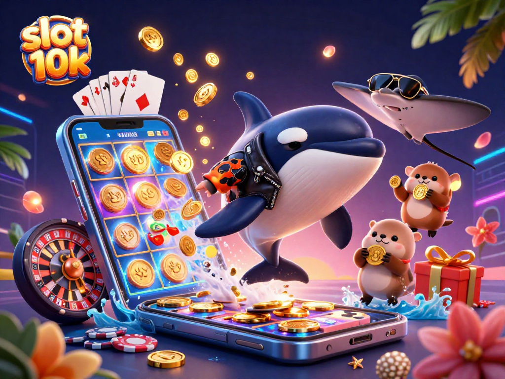 Enjoy vibrant slot 10k games with characters earning golden coins in a colorful casino scene.