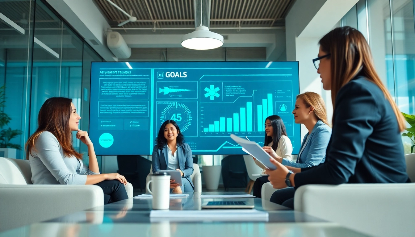 Achieve Your Goals With AI in a vibrant office setting showcasing teamwork and digital goal tracking.