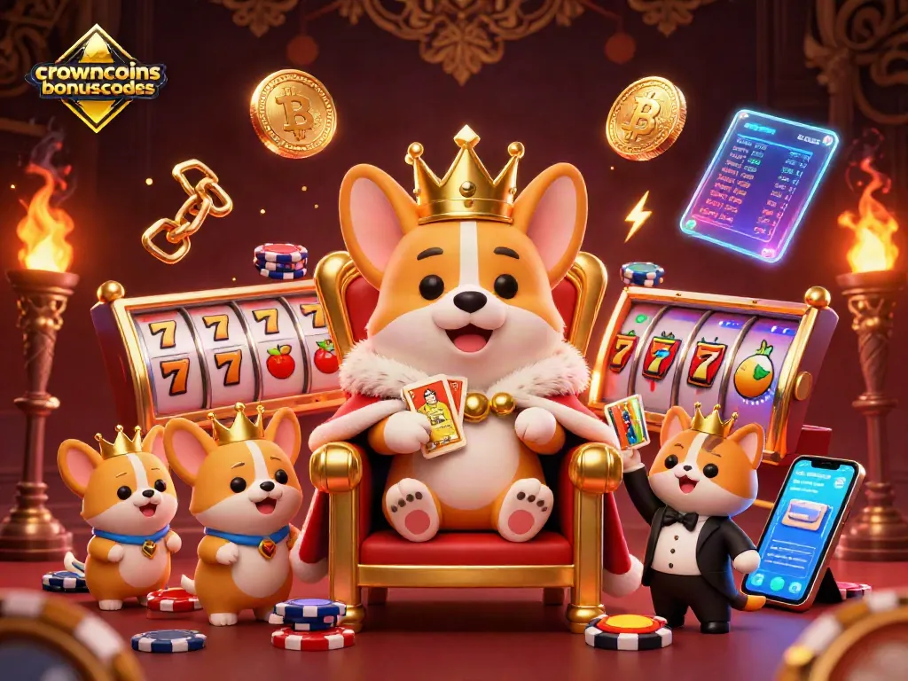 Play and win with crowncoinsbonuscodes at vibrant casino-themed 3D illustration scene.