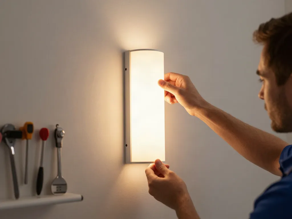 Instalare aplice LED baie de către instalator profesionist, iluminat modern și atmosferă călduroasă.