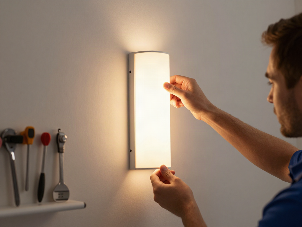 Instalare aplice LED baie de către instalator profesionist, iluminat modern și atmosferă călduroasă.