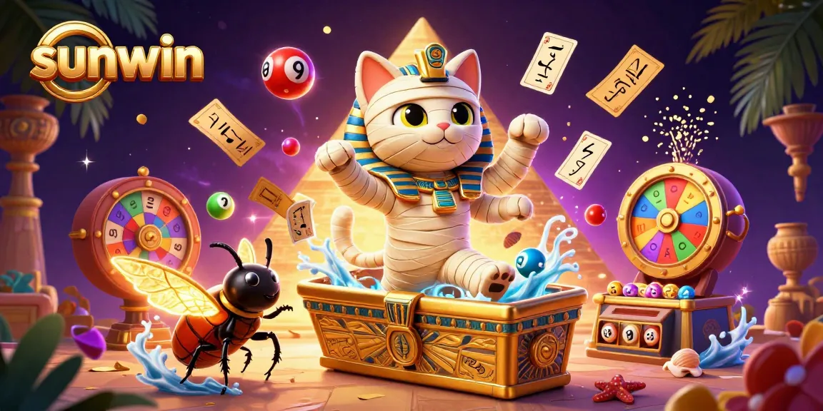 Sunwin's vibrant casino scene showcasing a mummy cat and glowing scarab beetle amidst dynamic lottery elements.