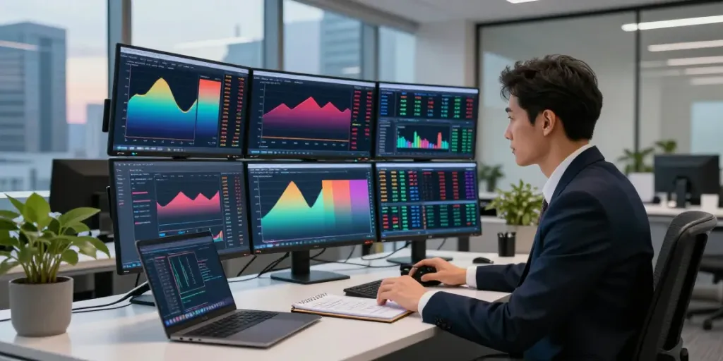 TradingView advanced trading workstation with multi-screen setup showcasing market analytics.