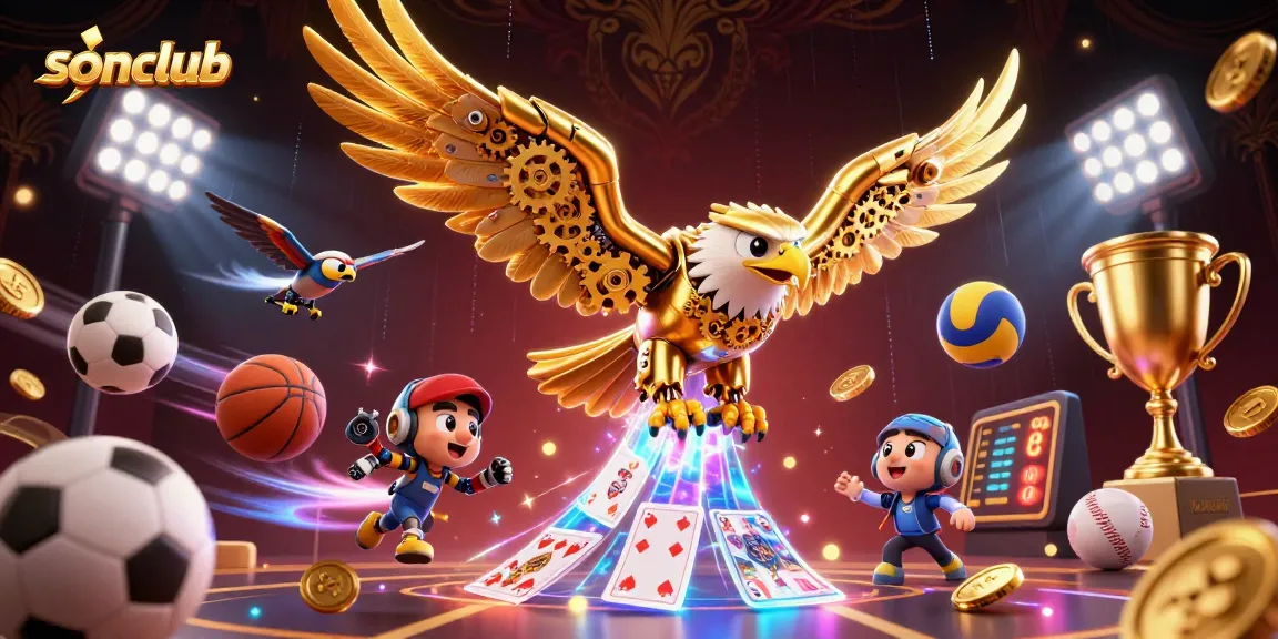Experience thrilling gaming action at sonclub with a dynamic illustration of a cybernetic eagle and sports elements.
