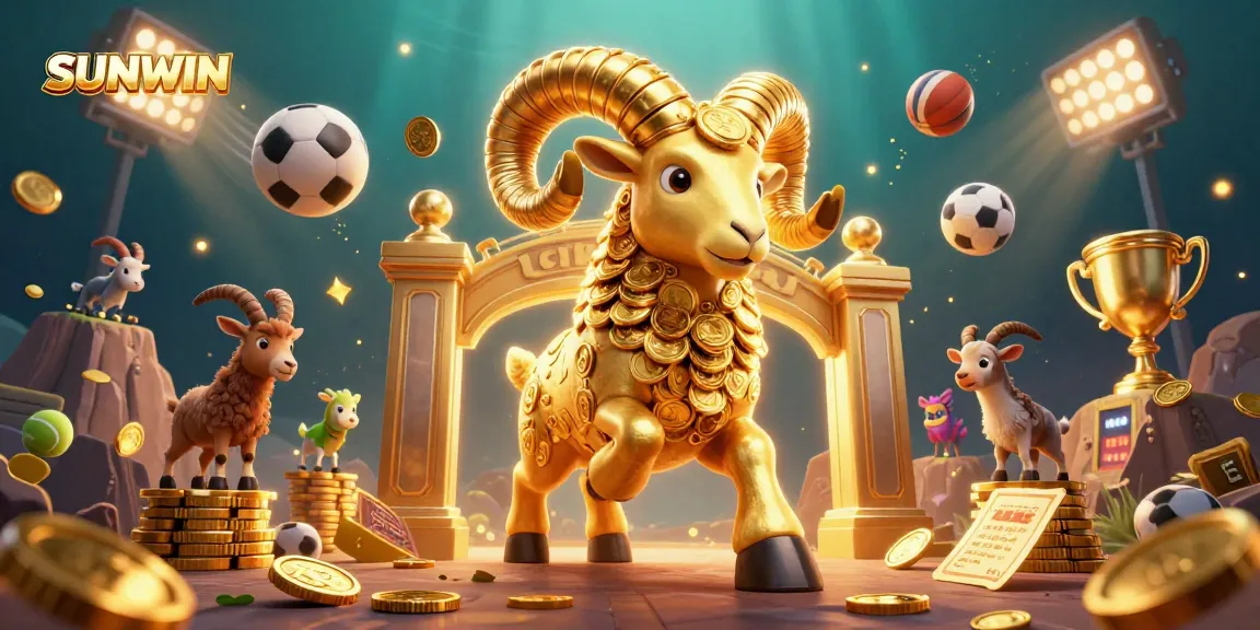 SUNWIN showcases a dynamic 3D casino scene with a golden ram charging through sports betting elements