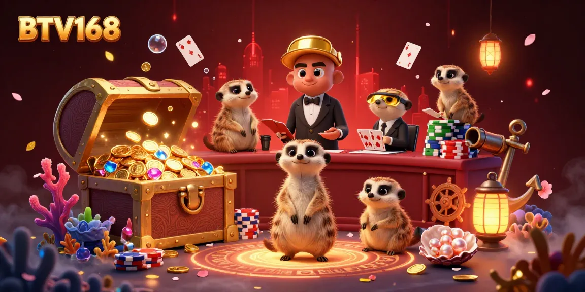 BTV168 brings excitement as meerkats manage a vibrant casino with playful elements and treasures.