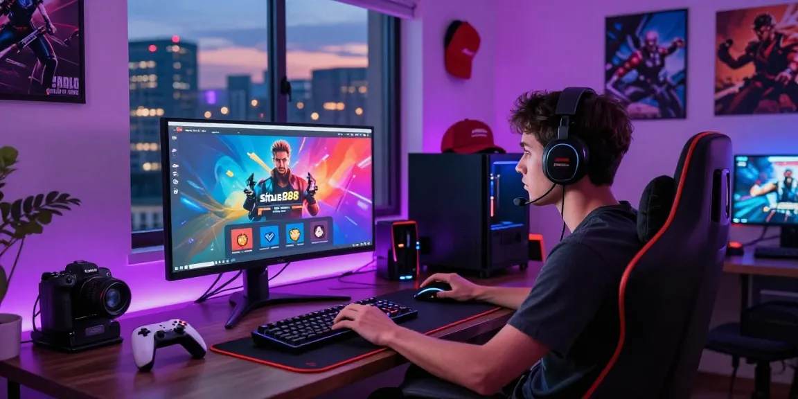 Engaging gamer at the situs888 platform with vibrant gaming setup and city view