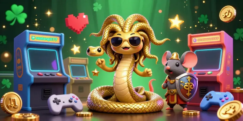 Rasakan semangat bermain slot gacor online di rajalangit77 dengan ilustrasi Medusa dan mouse pejuang yang ceria.