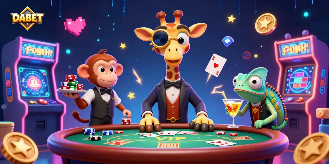 DABET high-roller giraffe at a poker table amidst vibrant casino elements in a dynamic 3D scene