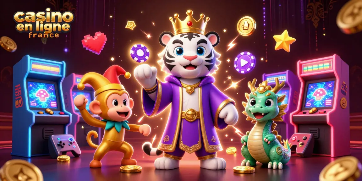 Casino en ligne France : illustration dynamique réunissant un tigre blanc, un singe jongleur et un dragon.