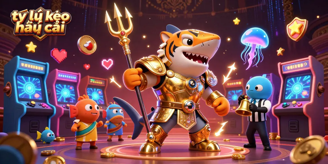 Explore the vibrant underwater scene featuring tỷ lệ kèo nhà cái with a golden shark and arcade games, perfect for gamblers.