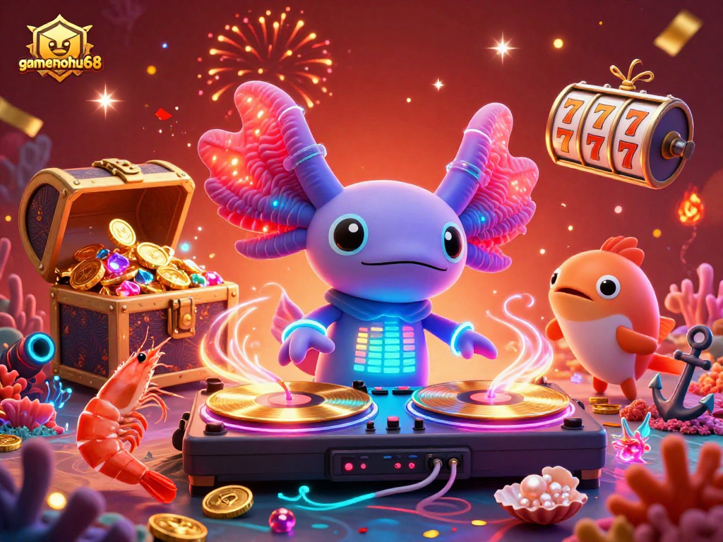 Engage with gamenohu68's vibrant casino experience featuring a neon axolotl DJ and treasure-filled adventure.
