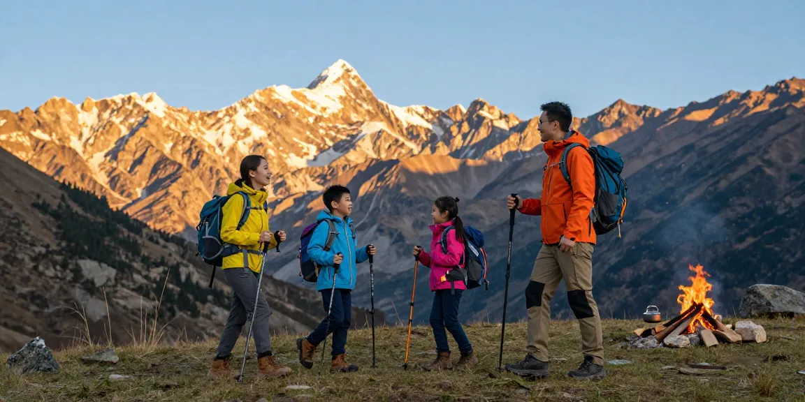 A family adventure channel, mantra88, showcasing a joyful family hiking in beautiful mountains at golden hour, equipped for exploration.