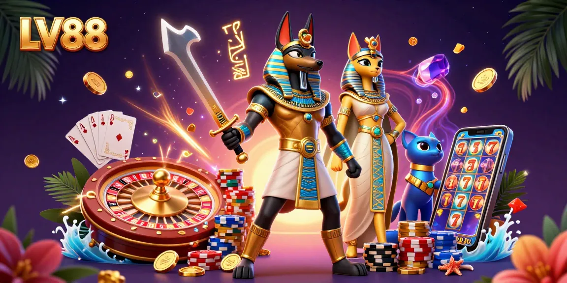 Experience the thrill of LV88 with dynamic gambling elements featuring Anubis and Bastet in action-packed scene.