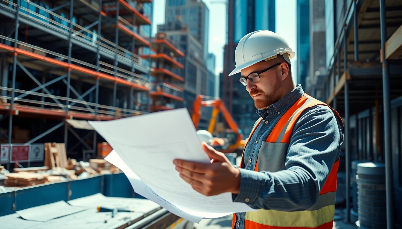 Manhattan Construction Manager analyzing plans at an active construction site.