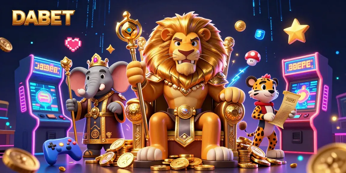 DABET showcases an exciting casino scene with a lion king, elephant advisor, and cheetah messenger amidst vibrant gaming elements.
