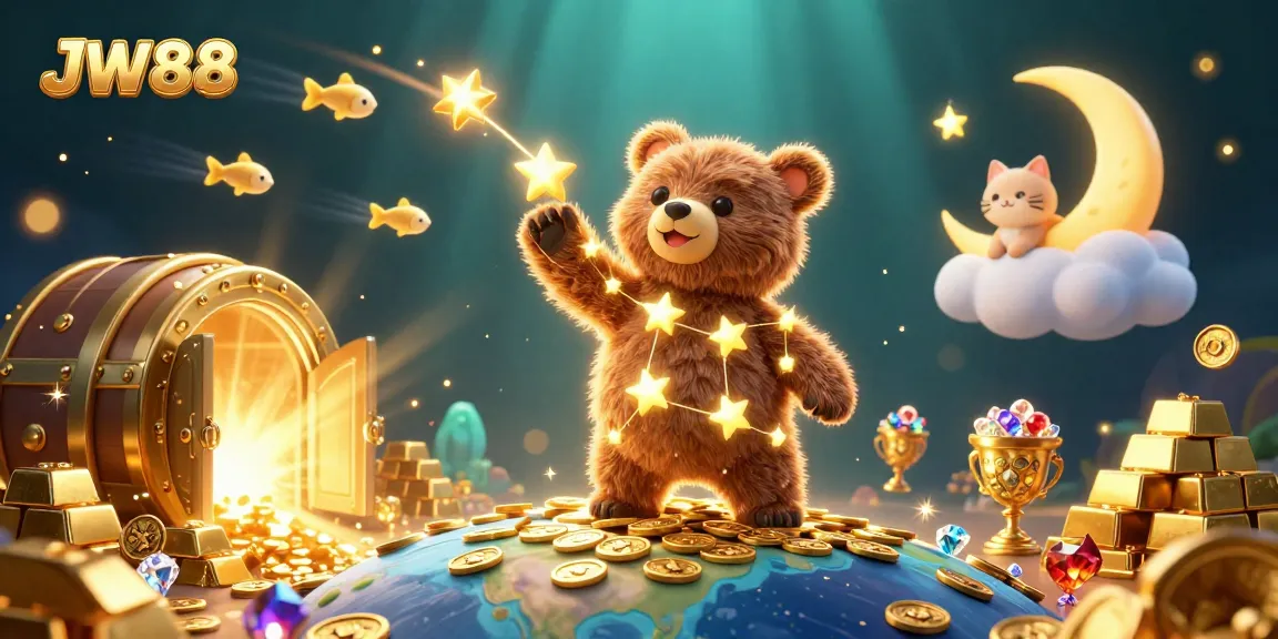 Experience vibrant gameplay at JW88 with a celestial bear collecting coins in a rich casino world.