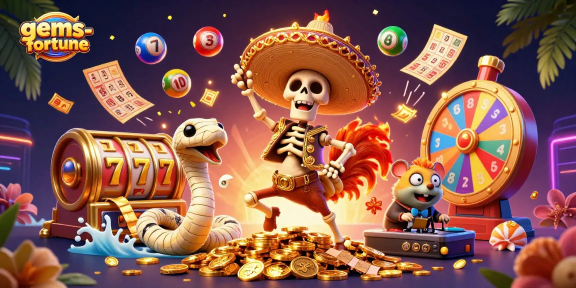 Join the excitement at gems-fortune as a 3D mariachi rooster and friends celebrate wins amidst vibrant casino elements.