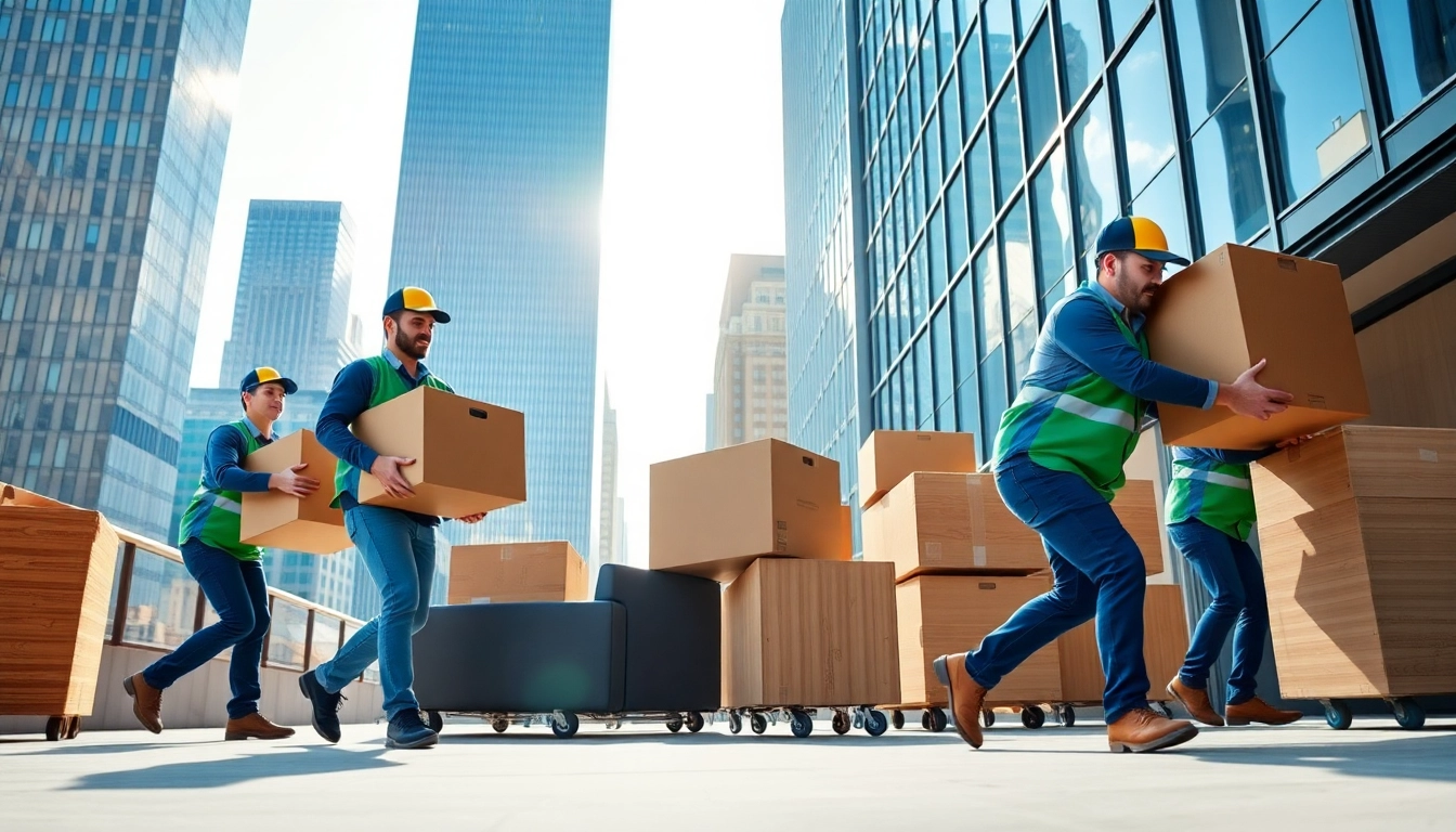 Illustration of Commercial Moving Services NYC with professional movers actively relocating office items in a vibrant cityscape.