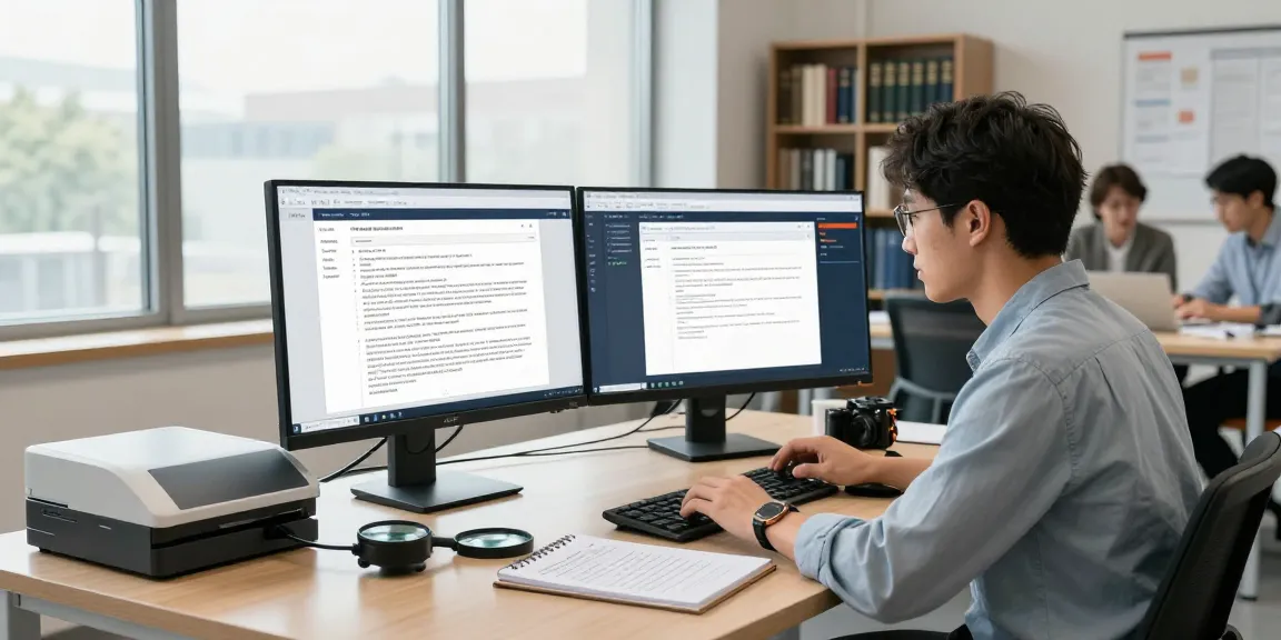 Forensic analyst focused on document fraud detection using advanced software and tools in a modern office.