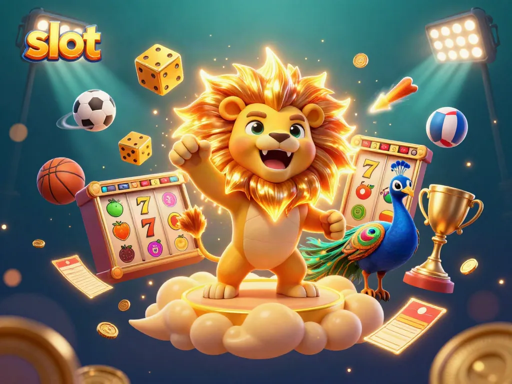 Menggandakan slot yang penuh warna dengan simbol keberuntungan dan Jackpot di tengah komposisi yang dinamis.