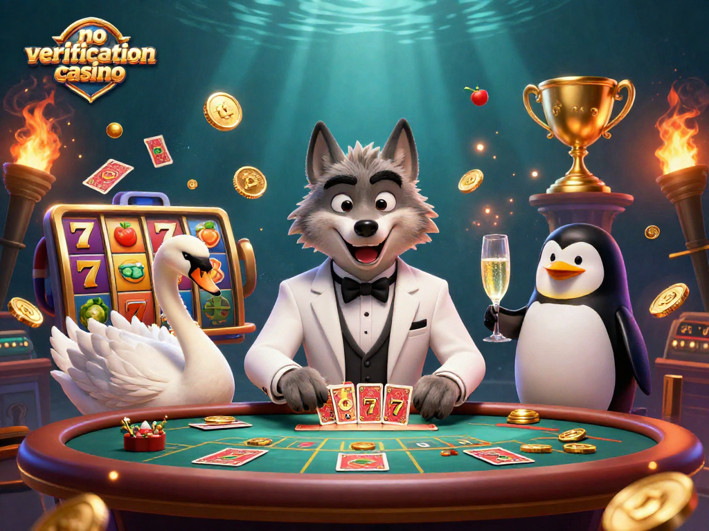 Experience excitement at a no verification casino featuring a debonair wolf, elegant swan, and sophisticated penguin.