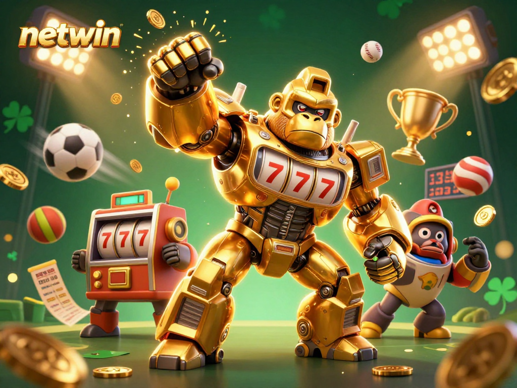 Experience netwin with an explosive scene featuring a golden gorilla mech and dynamic sports elements.