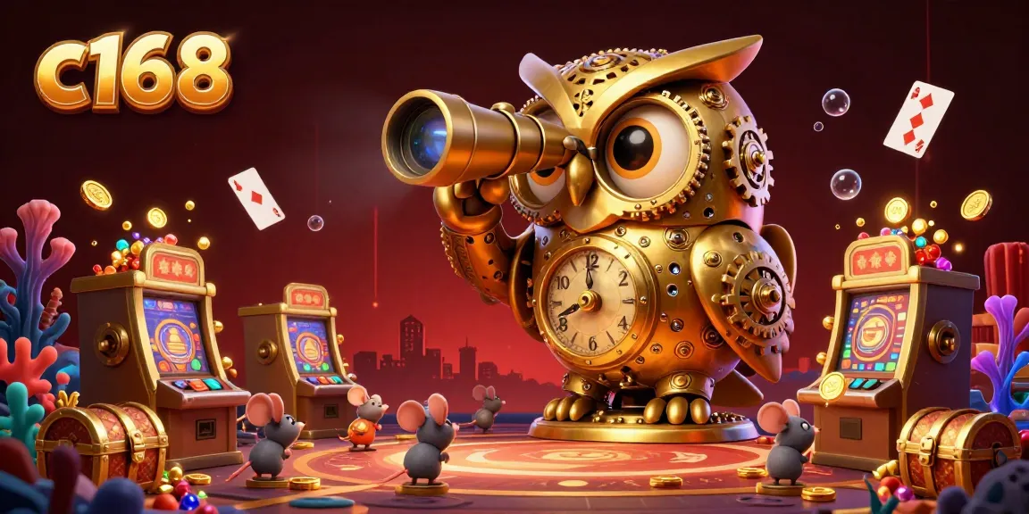 C168's vibrant 3D casino scene showcases a golden owl surveying slot machines full of treasures, emphasizing excitement in gaming.