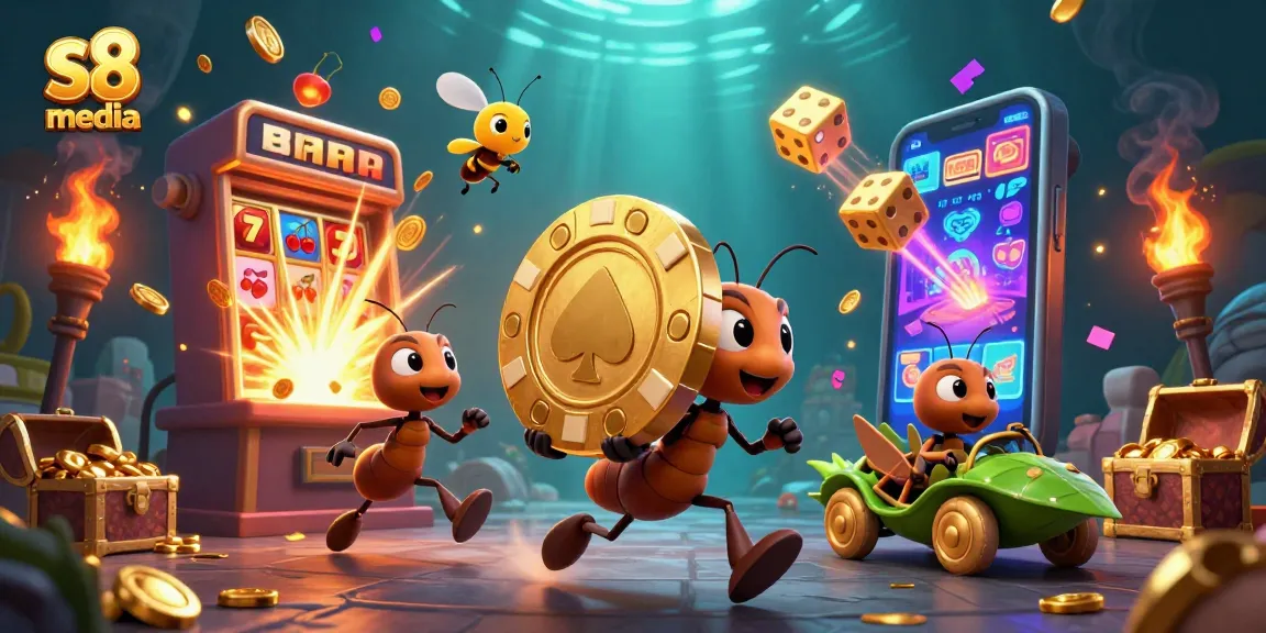 Engage in thrilling action at s8 media with ants heisting a giant poker chip amidst casino chaos.