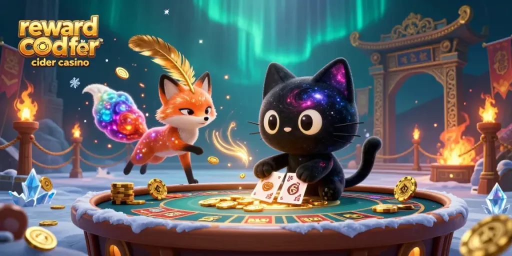 Win prizes and bonuses with the reward code for cider casino in an illustrated cosmic setting.
