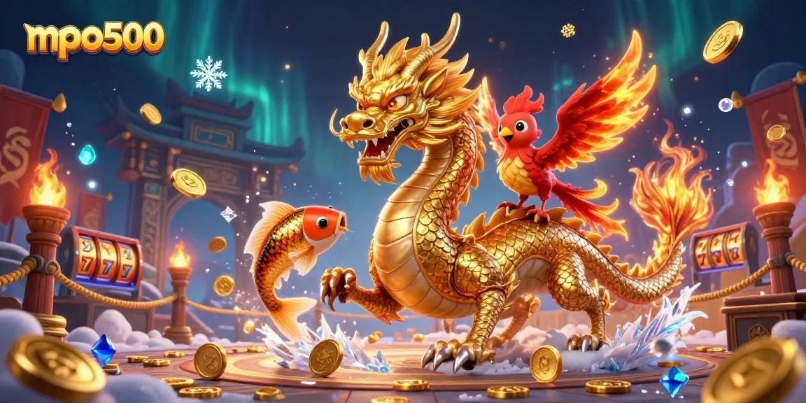 Experience immersive gaming action with mpo500's vibrant fantasy illustration featuring legendary creatures and casino elements.