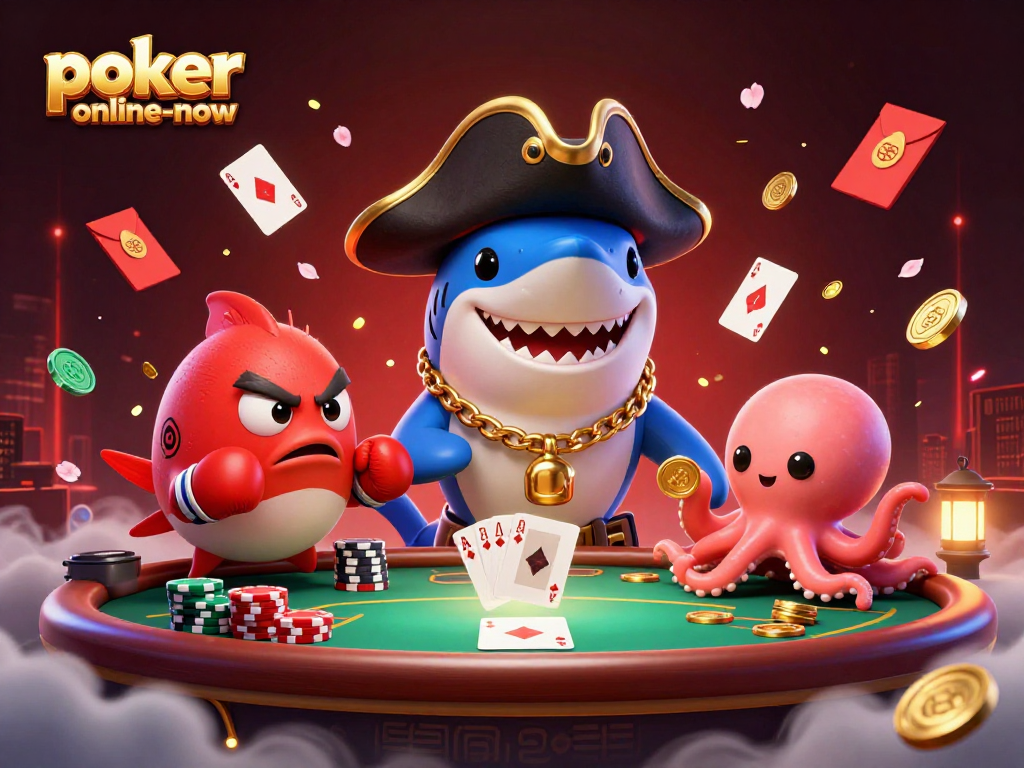 Poker-online-now illustrates a dynamic poker scene with 3D cartoon characters engaged in an exciting casino atmosphere.