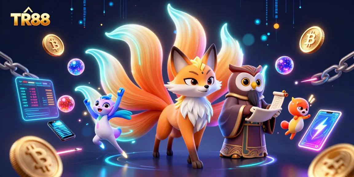 Engaging with TR88: Dive into an immersive online casino experience highlighted by vibrant characters and crypto elements.