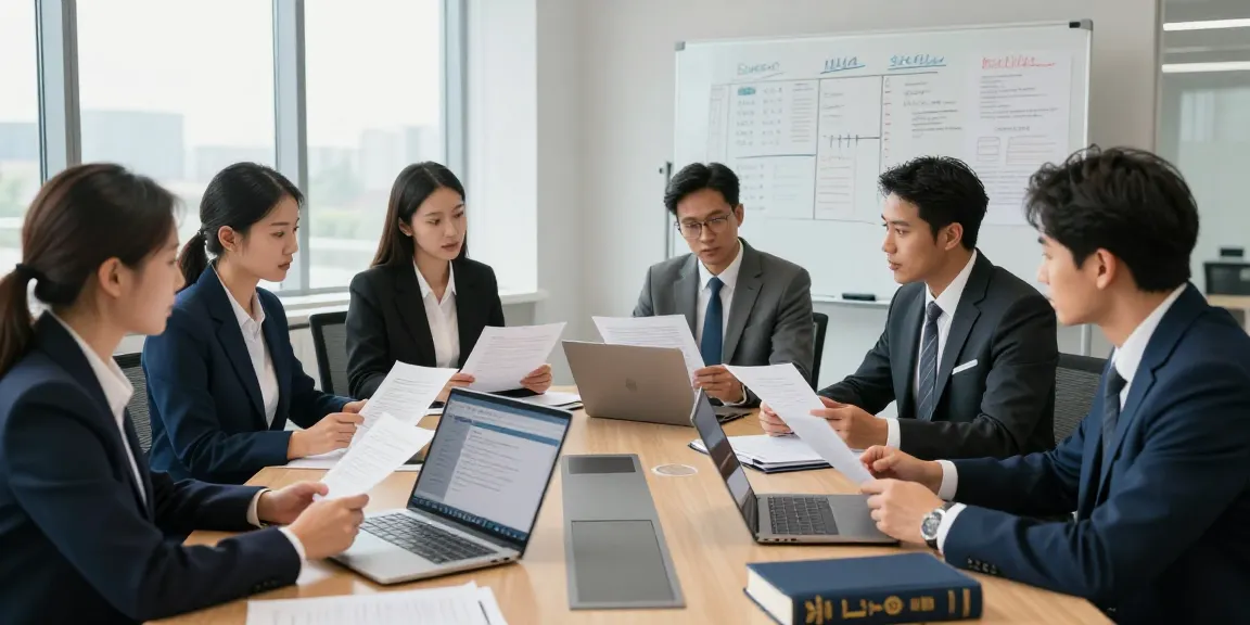 Legal professionals discussing helpful resources in a modern office environment.