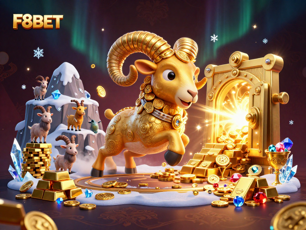 Experience the thrill of F8BET with a 3D gold ram charging through a treasure-laden casino.