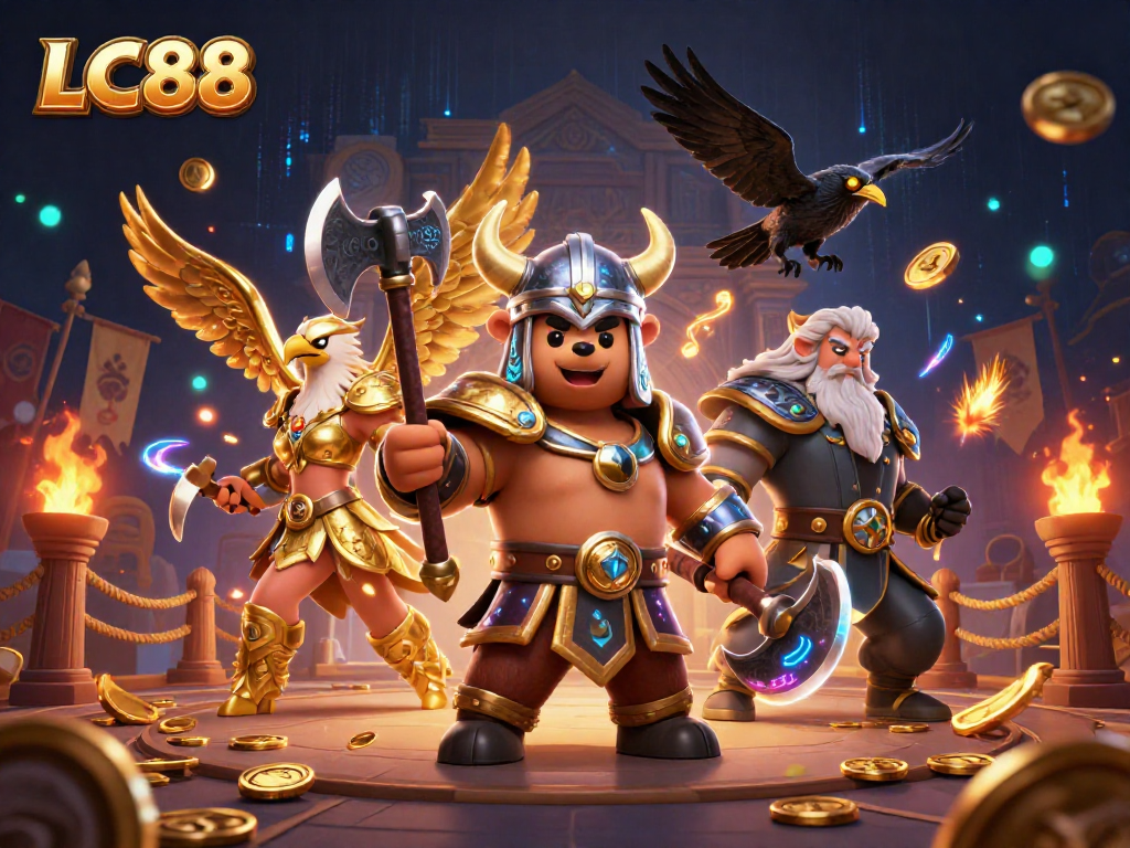 Experience thrilling action with LC88's Viking-themed casino illustration, featuring legendary characters and vibrant energy.