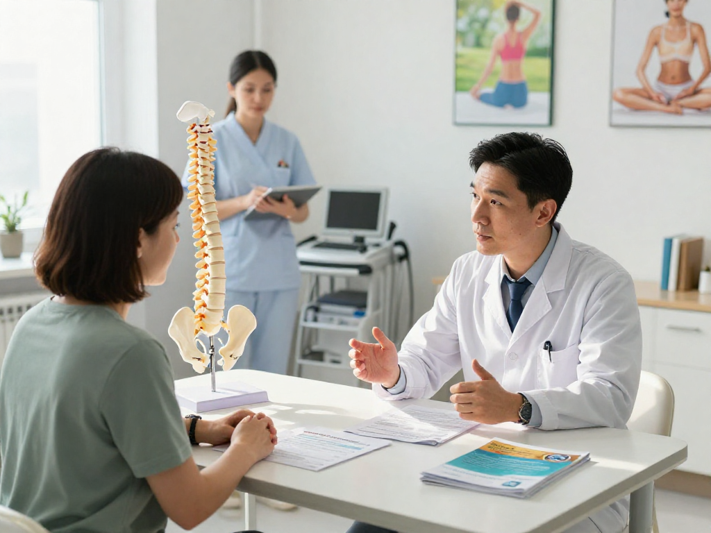 Consultation on bel fıtığı ameliyatı with orthopedic surgeon and patient in a modern clinic.