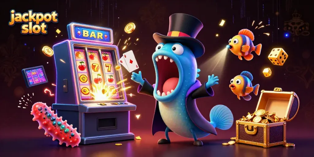 Jackpot slot scene with bioluminescent eel performing magic amidst explosive coins and casino elements.