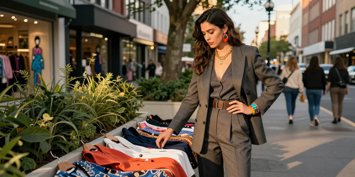 Consulenza d'immagine: donna in outfit elegante analizza abbigliamento urbano in un contesto di stile.