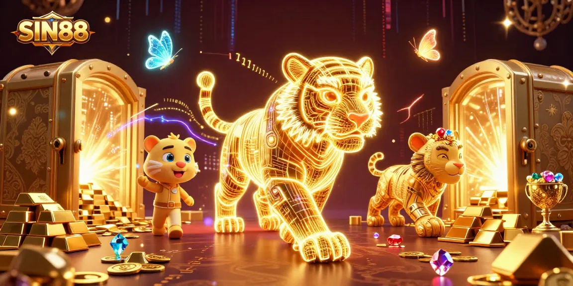 SIN88 showcases an energetic digital casino scene with a golden tiger, treasure, and vibrant holographic butterflies.