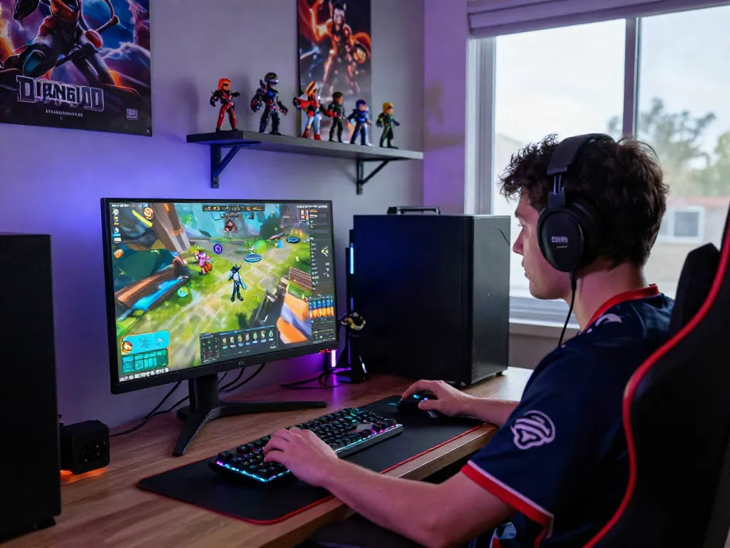 Pemain diana4d terlibat dalam gameplay mengesankan di ruang gaming modern yang penuh warna.