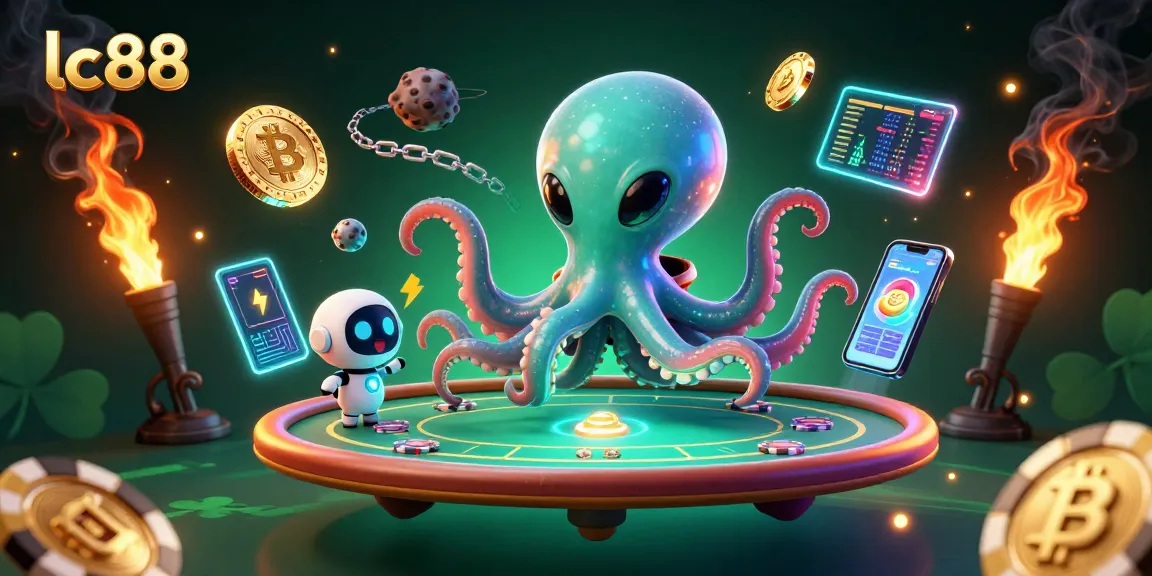Engage in thrilling gameplay with lc88's charismatic alien octopus at a futuristic poker table.