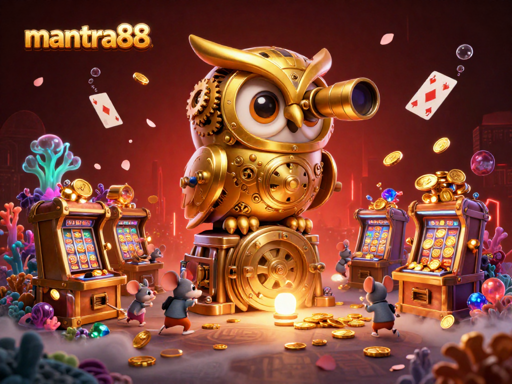 Experience winning thrills at mantra88's vibrant casino scene with golden treasures and lively characters.