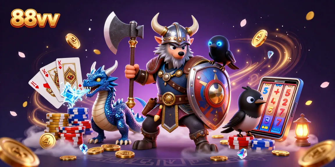 Experience thrilling adventures with 88vv's Viking warrior and dragon in a magical casino scene.